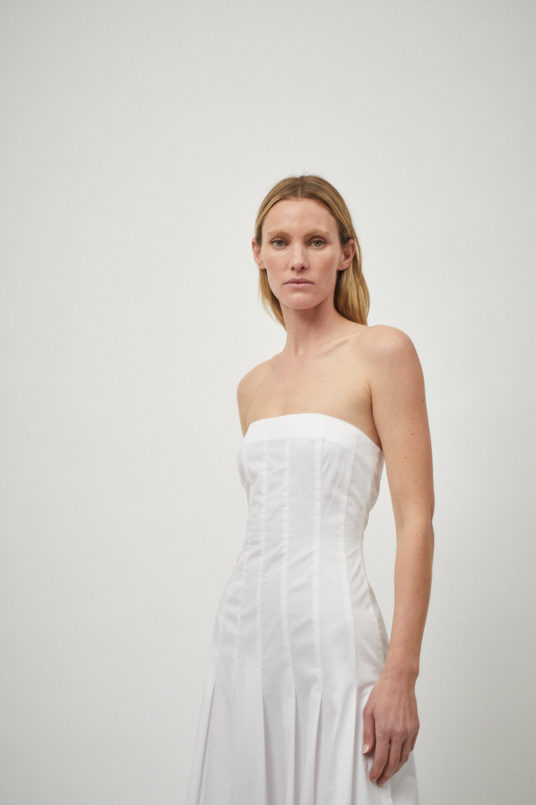 Cotton Pleat Strapless Dress