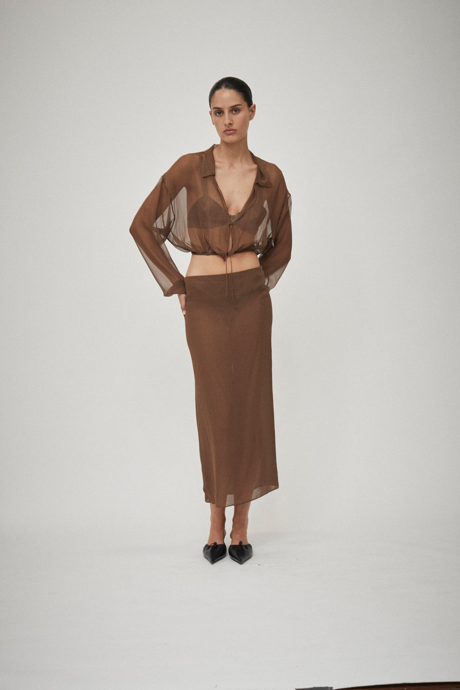 Silk Georgette Grosgrain Waist Skirt